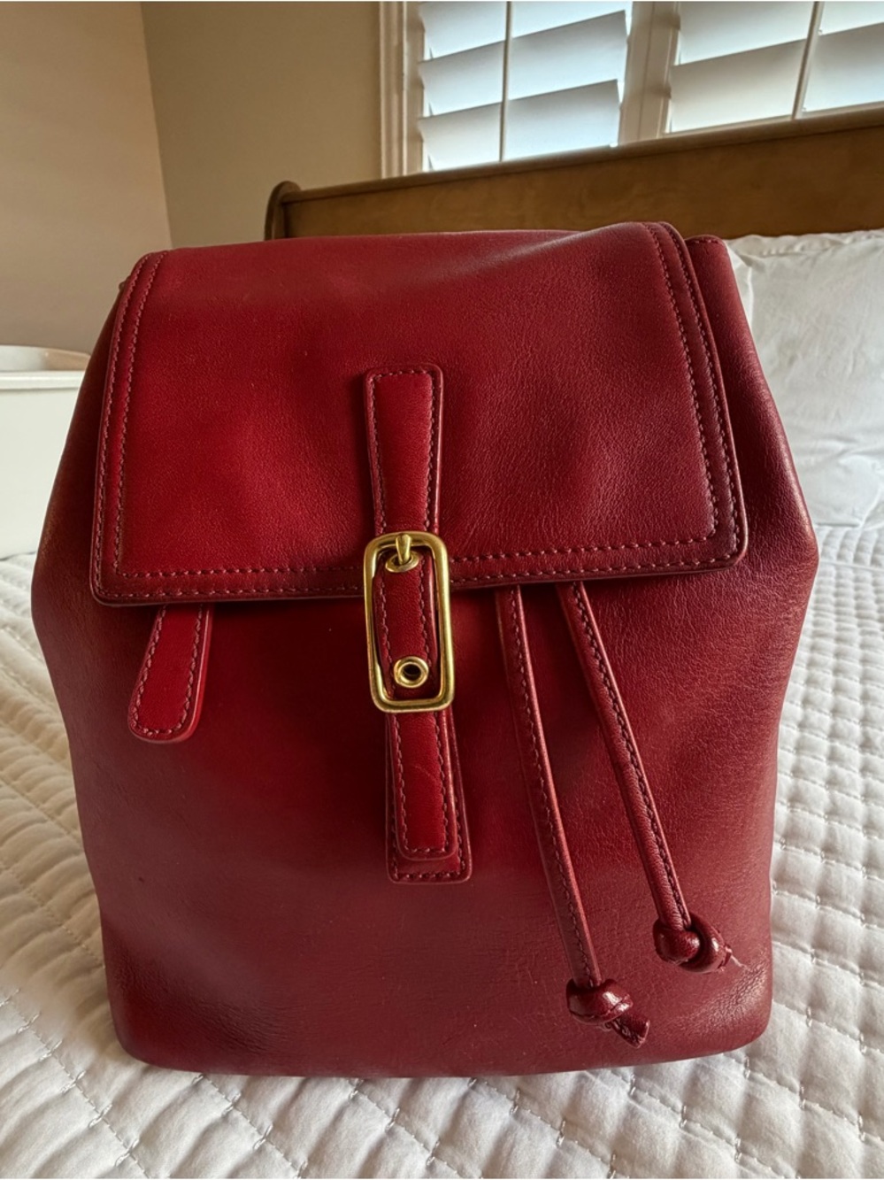 Coach Red Leather Drawstring Backpack with Gold Buckle